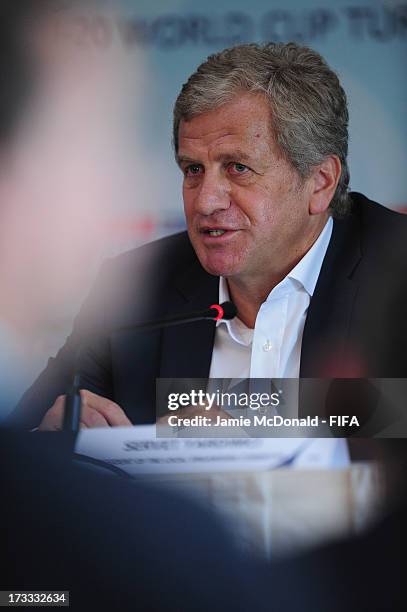 Servet Yardimci, President of the Local Organising Committee talks to the media during a FIFA U-20 World Cup pre final press conference at the Ritz...