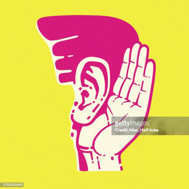 ilustraciones, imágenes clip art, dibujos animados e iconos de stock de escuchar, mano a oído - hearing aid