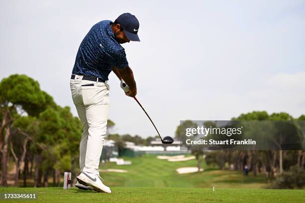 Shubhankar Sharma of India tees off on the 18th hole on Day Two of the acciona Open de Espana presented by Madrid at Club de Campo Villa de Madrid on...