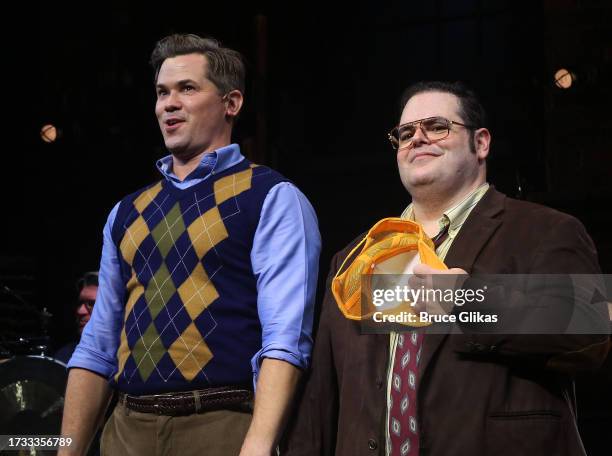 Andrew Rannells and Josh Gad during the opening night curtain call for the musical "Gutenberg: The Musical" on Broadway at The James Earl Jones...