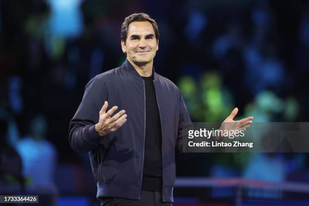Former ATP player Roger Federer attendance fans day on Day 12 of 2023 Shanghai Rolex Masters at Qi Zhong Tennis Centre on October 13, 2023 in...