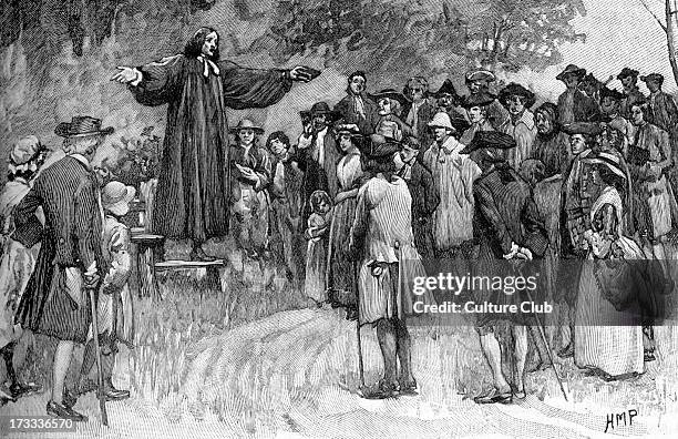 George Whitefield preaching. English Anglican priest and a founder of Methodism. Preached during the Great Awakening in 1700s in Europe and American...