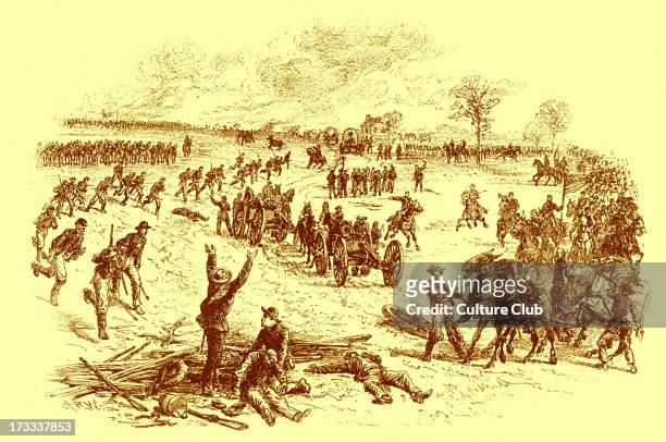 American Civil War - capturing Confederate weapons after the battle of Five Forks in Virginia, 5 April 1865. Destruction of a Confederate wagon train...