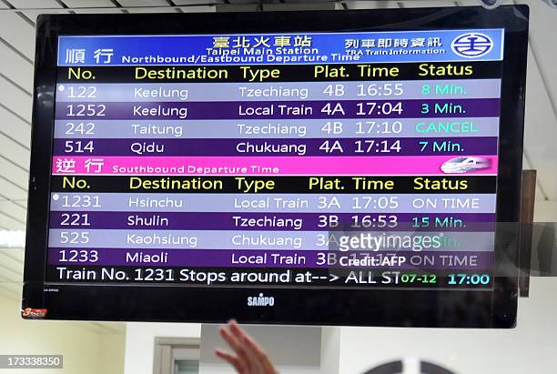An electronic board showing disruptions to train travel is displayed at Taipei's main station as Typhoon Soulik approaches northern Taiwan on July...