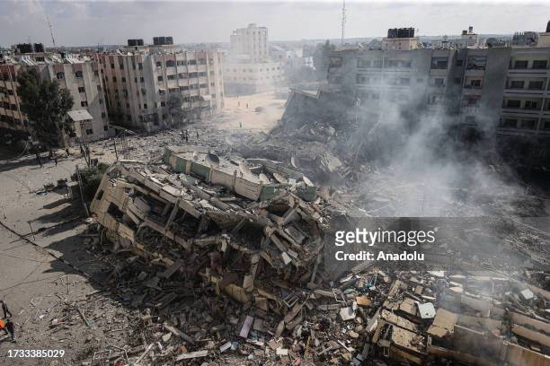 View of rubble of residential buildings after Israeli airstrikes at al-Zahra neighborhood in Gaza Strip on October 19, 2023.