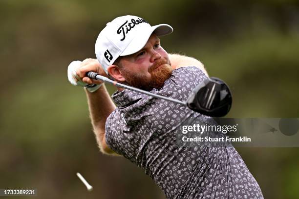 Nathan Kimsey of England tees off on the 13th hole on Day Two of the acciona Open de Espana presented by Madrid at Club de Campo Villa de Madrid on...