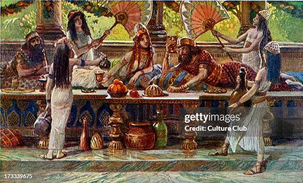 Esther feasts with the king by J James Tissot. Illustration to Book of Esther, 7.1 & 2: 'So the king and the Haman came to banquet with Esther the...