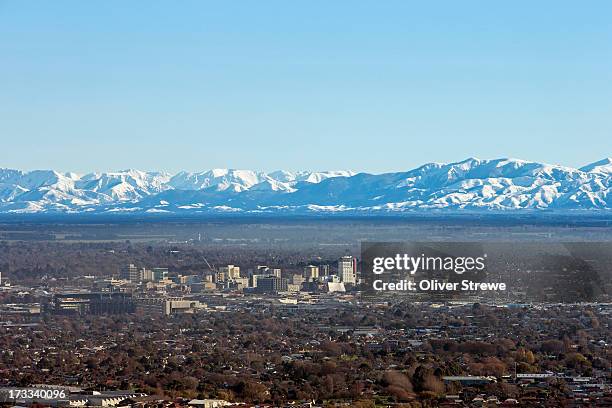 cbd and southern alps - christchurch new zealand stock pictures, royalty-free photos & images