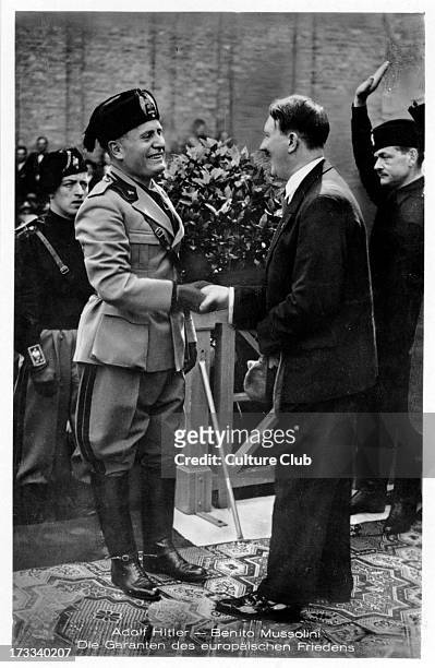 Adolf Hitler and Benito Mussolini. AF: Austrian-born German politician and the leader of the National Socialist German Workers Party: 20 April 1889 ...