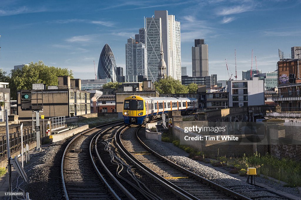 Train leaving the city, London UK