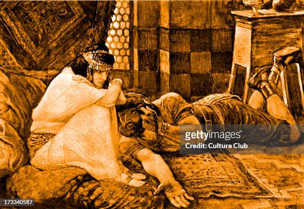 Samson reveals his secret to Delilah by J James Tissot. Illustration to the Book of Judges 16.17 : 'That he told her all his heart, and said unto...