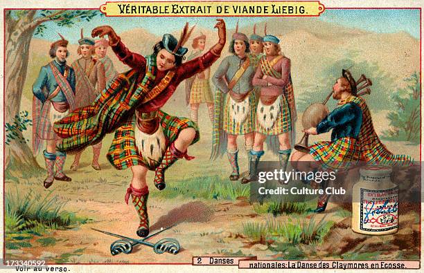 The Scottish claymore dance. Caption reads: 'La Danse des Claymores en Ecosse'. Liebig card series: Danses nationales .