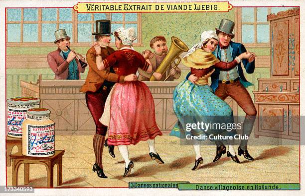 Dutch villagers' dance. Caption reads: 'Danse villageoise en Hollande'. Liebig card series: Danses nationales .