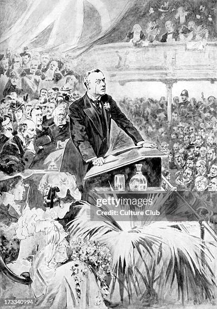 Joseph Chamberlain - making speech on 'preferential tariffs' at Birmingham town hall, 15 May 1903. From illustration by T. Walter Wilson, c. 1911....