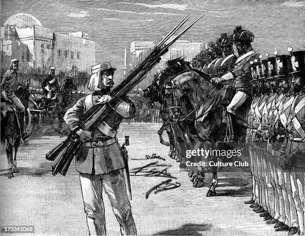 Disarmament of the 26th Indian regiment at Barrackpore, India. During the Indian Mutiny of 1857. Began as mutiny of sepoys (Indian soldiers of the...