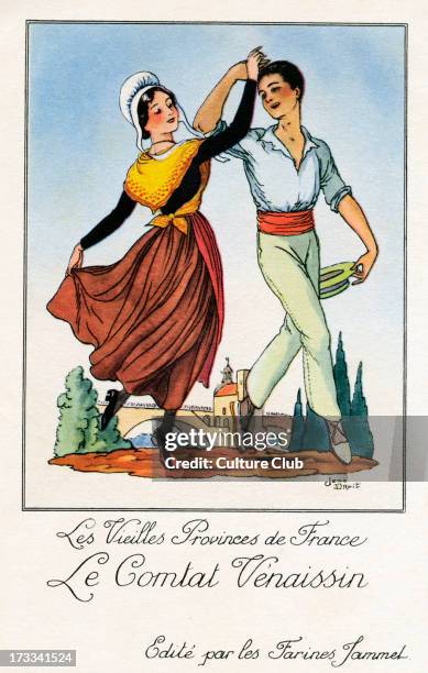 Traditional dress of French provinces: Comtat Venaissin. Modern day Provence-Alpes-Côte d'Azur region of France. Illustration by Jean Droit.