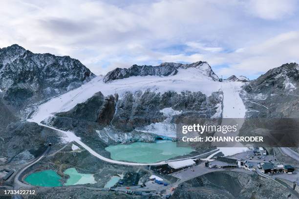 General view taken on October 19, 2023 shows the Rettenbach Glacier in Soelden, Austria, during the snow control prior to the FIS Ski World Cup for...