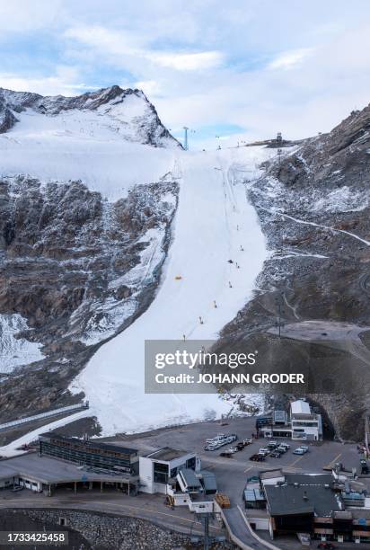 General view taken on October 19, 2023 shows the Rettenbach Glacier in Soelden, Austria, during the snow control prior to the FIS Ski World Cup for...