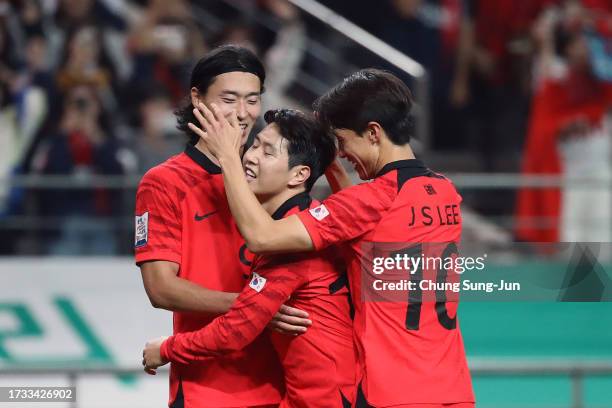 Lee Kang-in of South Korea celebrates after scores teams second goal during the international friendly match between South Korea and Tunisia at Seoul...