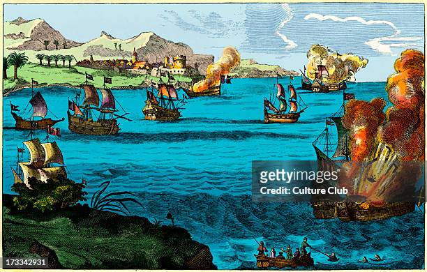 The Spanish Armada destroyed by Captaine Morgan, engraving. The Welsh privateer, Sir Henry Morgan, attacking the Spanish Armada off the coast of...