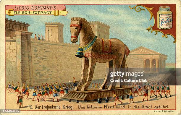 The Wooden Horse is led into the town - from engraving published 1892. The Trojans bring the wooden horse into Troy, unaware that Greek soldiers are...