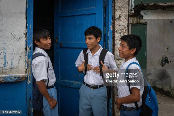 Students talk during a break from school on October 11, 2023 in Gardi Sugdub, Panama. Indigenous communities of the small island, located in an...