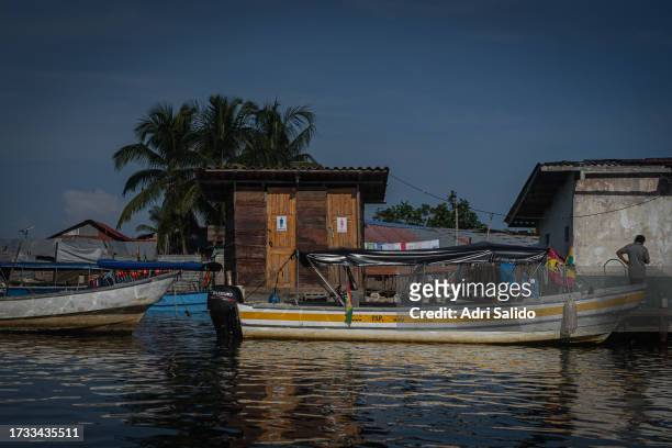 View of a toilet shed where the waste ends up directly in the sea on October 12, 2023 in Gardi Sugdub, Panama. Indigenous communities of the small...