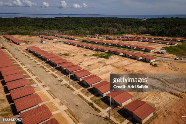 Aerial view of the houses of the new community where the residents of Gardi Sugdub will be transferred on October 12, 2023 in Kuna Yala, Panama....