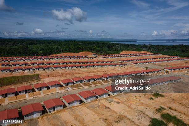 Aerial view of the houses of the new community where the residents of Gardi Sugdub will be transferred on October 12, 2023 in Kuna Yala, Panama....