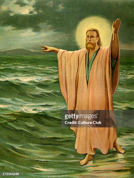 Jesus Christ performing one of his miracles - walking on Lake Galilee . Illustration by Philip R Morris .