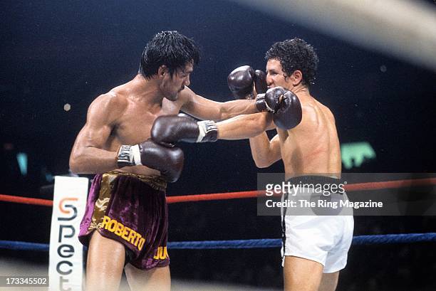 Roberto Duran throws a punch against Edwin Viruet during the fight at the Spectrum in Philadelphia, Pennsylvania. Roberto Duran won the WBA World...