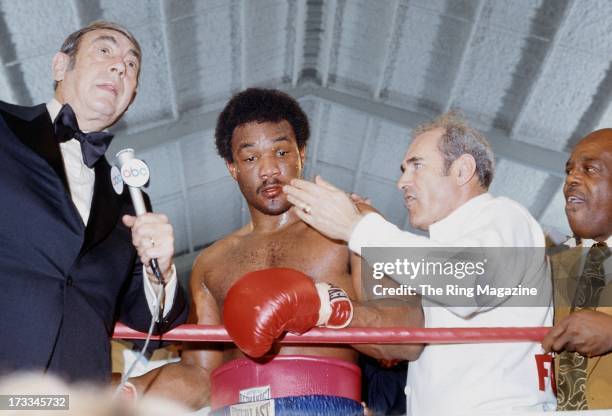 George Foreman is interviewed by Howard Cosell after winning the fight against Ron Lyle at Caesars Palace in Las Vegas, Nevada. George Foreman won...