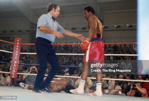 George Foreman knocks out Ron Lyle during the fight at Caesars Palace in Las Vegas, Nevada. George Foreman won the vacant NABF heavyweight title by a...