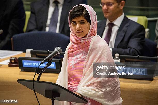 Malala Yousafzai, the 16-year-old Pakistani advocate for girls education, who was shot in the head by the Taliban, speaks at the United Nations Youth...