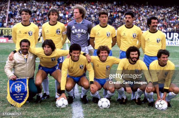 Brazil line up for a team group prior to a match against Chile, included in the team group is Zico and Socrates on June 8th, 1985.