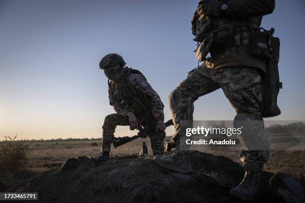 The 108th Independent Brigade of the Territorial Defense Forces of Ukrainian Armed Forces receive training at the trenches on the front of...