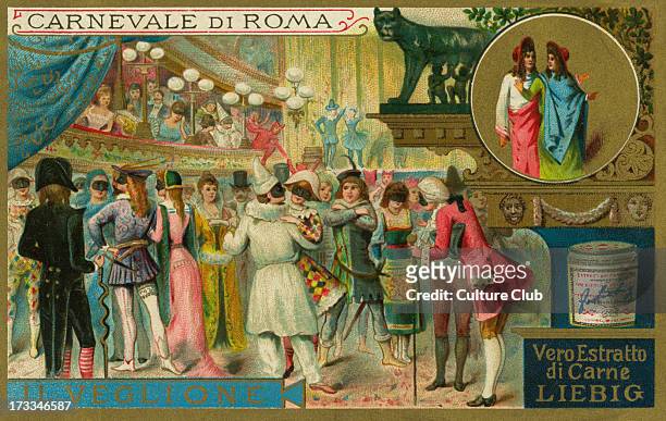Carnival masquerade ball, Rome. Liebig card, Carnival in Rome, 1897.