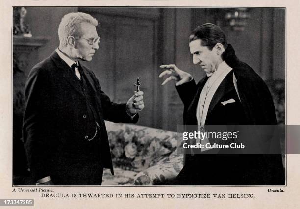 Dracula - 1931 film. Bela Lugosi as Count Dracula and Edward Van Sloan as Van Helsing. Caption: 'Dracula is thwarted in his attempt to hypnotize Van...