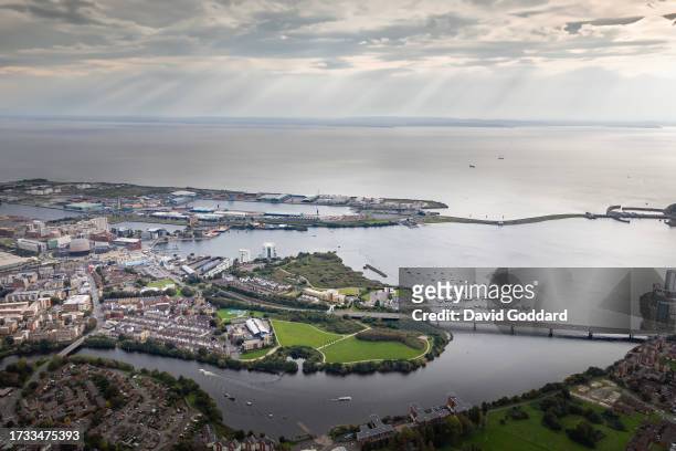 In an aerial view, Hamadryad Park in Cardiff Bay on October 06 In Cardiff, United Kingdom.