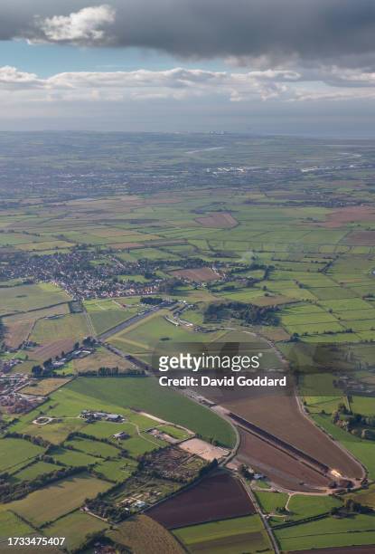 In an aerial view, Westonzoyland Airfield, an old RAF, Second World War field on October 06, 2023 in Somerset,England.