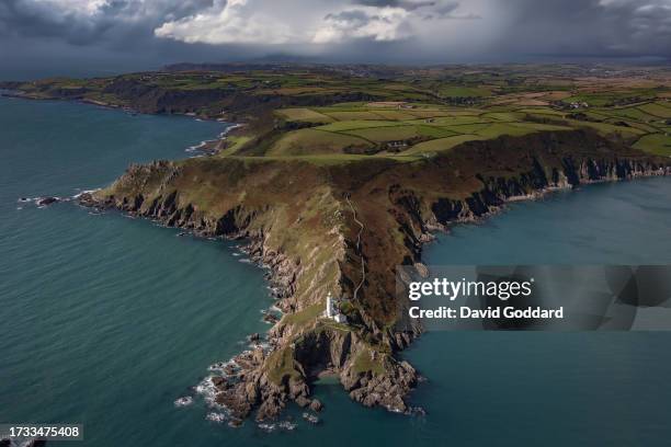 In an aerial view, the Start Point Lighthouse over looking Freshwater Bay on October 03 near Plymouth, United Kingdom.