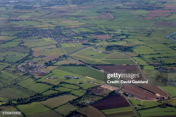 In an aerial view, Westonzoyland Airfield, an old RAF, Second World War field on October 06, 2023 in Somerset,England.