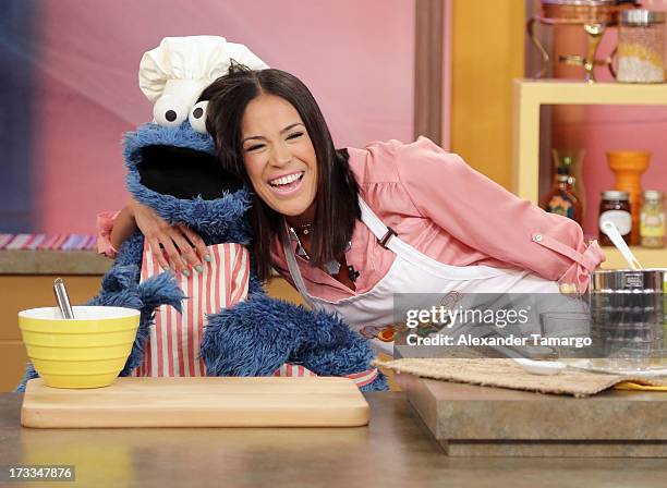 Cookie Monster and Karla Martinez are seen during Sesame Street's visit of Univision's "Despierta America" at Univision Headquarters on July 12, 2013...