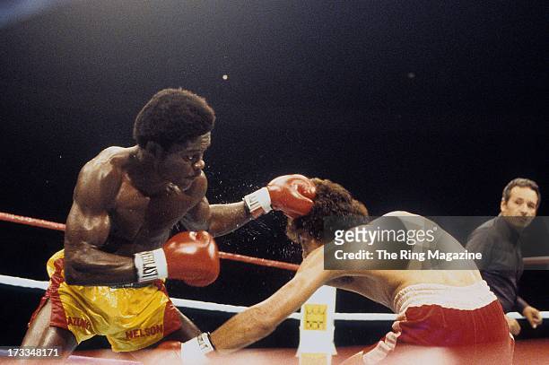 Azumah Nelson lands a punch against Salvador Sanchez during the fight at Madison Square Garden in New York, New York. Salvador Sanchez won the WBC...