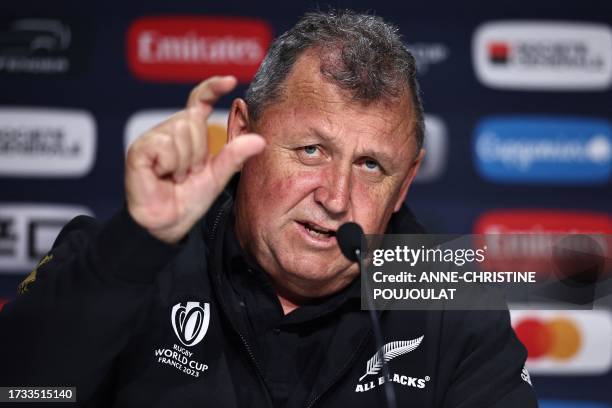 New Zealand's head coach Ian Foster attends a press conference, at the Stade de France in Saint Denis, on October 19 on the eve of the France 2023...