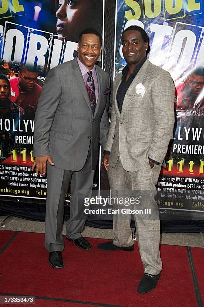 Director Walt Whitman and comedian G-Thang attend the premiere of 'Soul Children Of Chicago' at Historic American Legion - Post 43 on July 11, 2013...