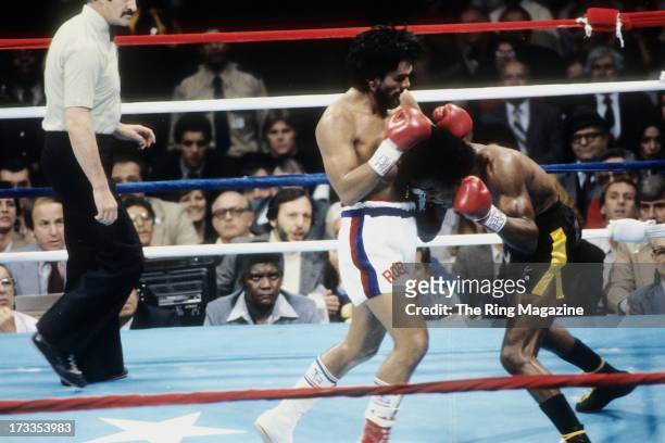 Roberto Duran lands a punch against Sugar Ray Leonard during the fight at the Superdome in New Orleans, Louisiana. Sugar Ray Leonard won the WBC...