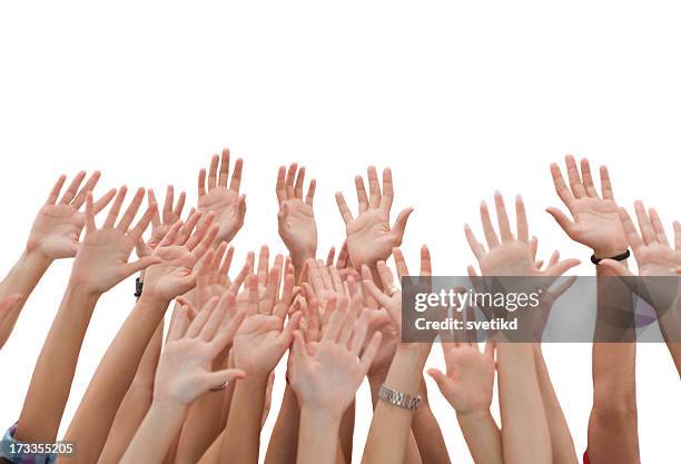 group of young people's hands raised up. - sea of hands stock pictures, royalty-free photos & images