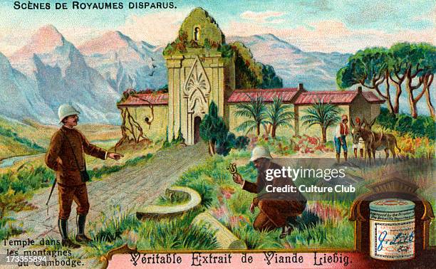 Vanished Civilzations: Mountain temple in Cambodia. Illustration on Liebig collectible card . 1913.