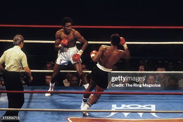 Thomas Hearns moves to land a punch against Wilfredo Benitez during the fight at the Superdome in New Orleans, Louisiana. Thomas Hearns won the WBC...